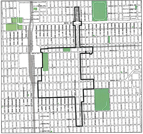 63rd/Ashland TIF district, roughly bounded on the north by 53rd Street, 69th Street on the south, Loomis Boulevard on the east, and Hamilton Avenue on the west.